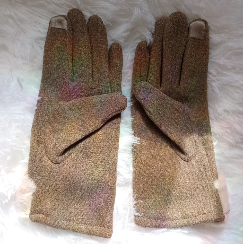 Elegant Khaki Brown Cream Gloves With Bows And Faux Fur Accents Vintage Style